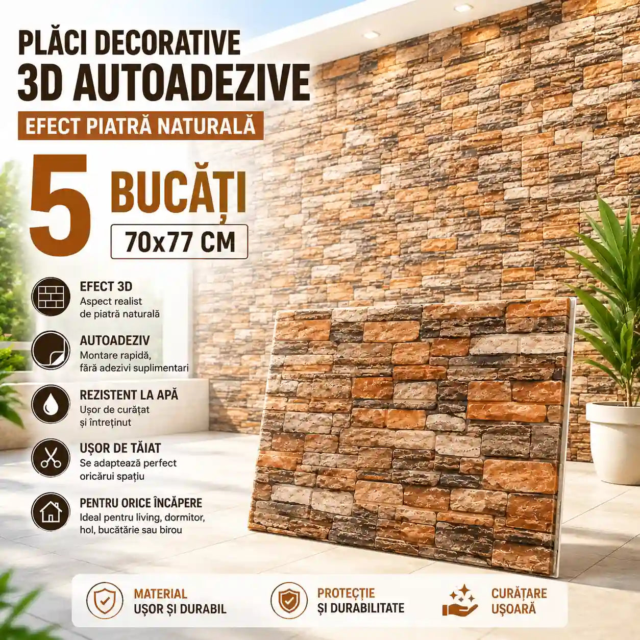 Transformă-ți pereții în câteva minute – Set 5 Bucăți Plăci Decorative 3D Autoadezive, Efect Piatră Naturală, 70×77 cm
