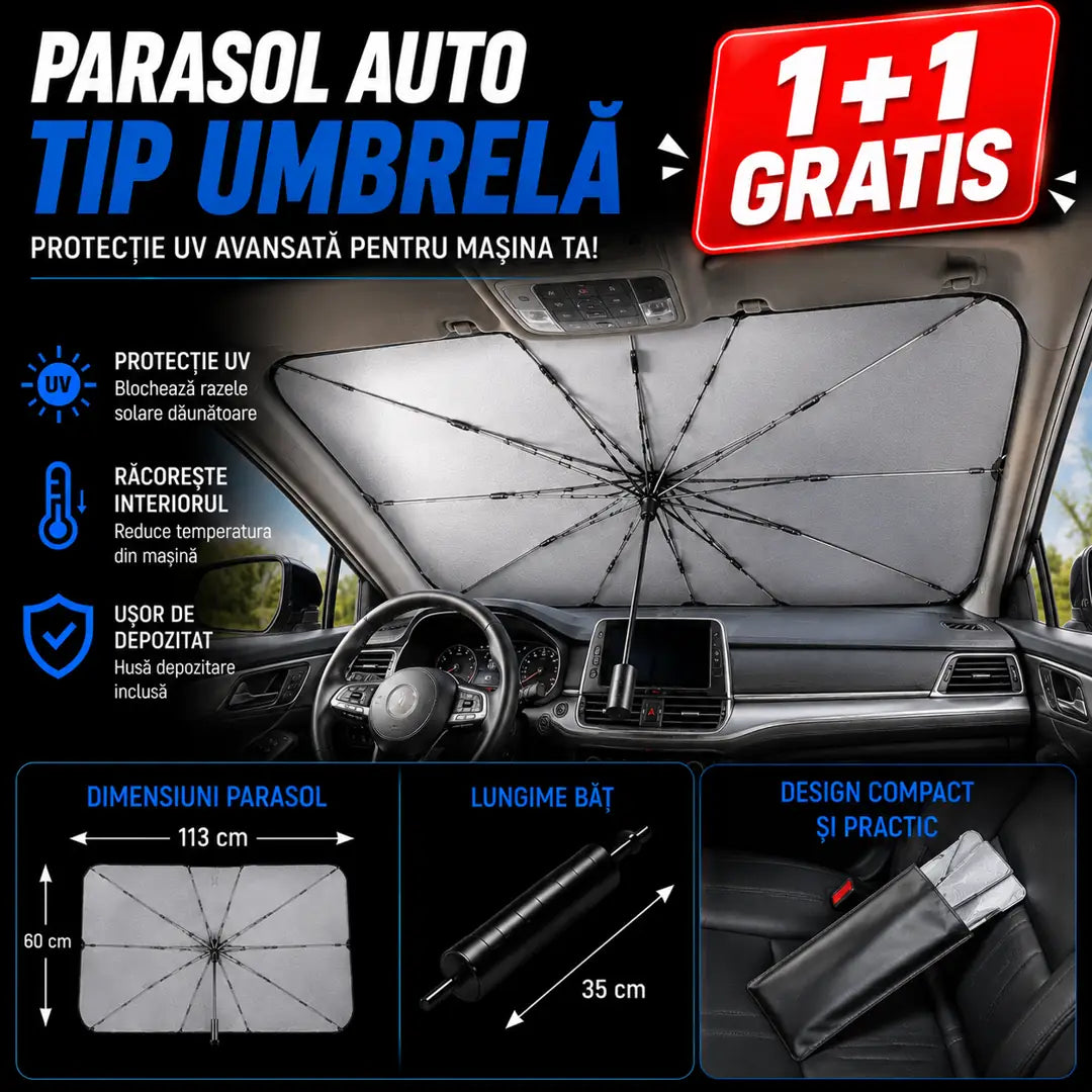 1+1 GRATIS! Protecție rapidă împotriva temperaturilor extreme - Parasol Auto Tip Umbrelă