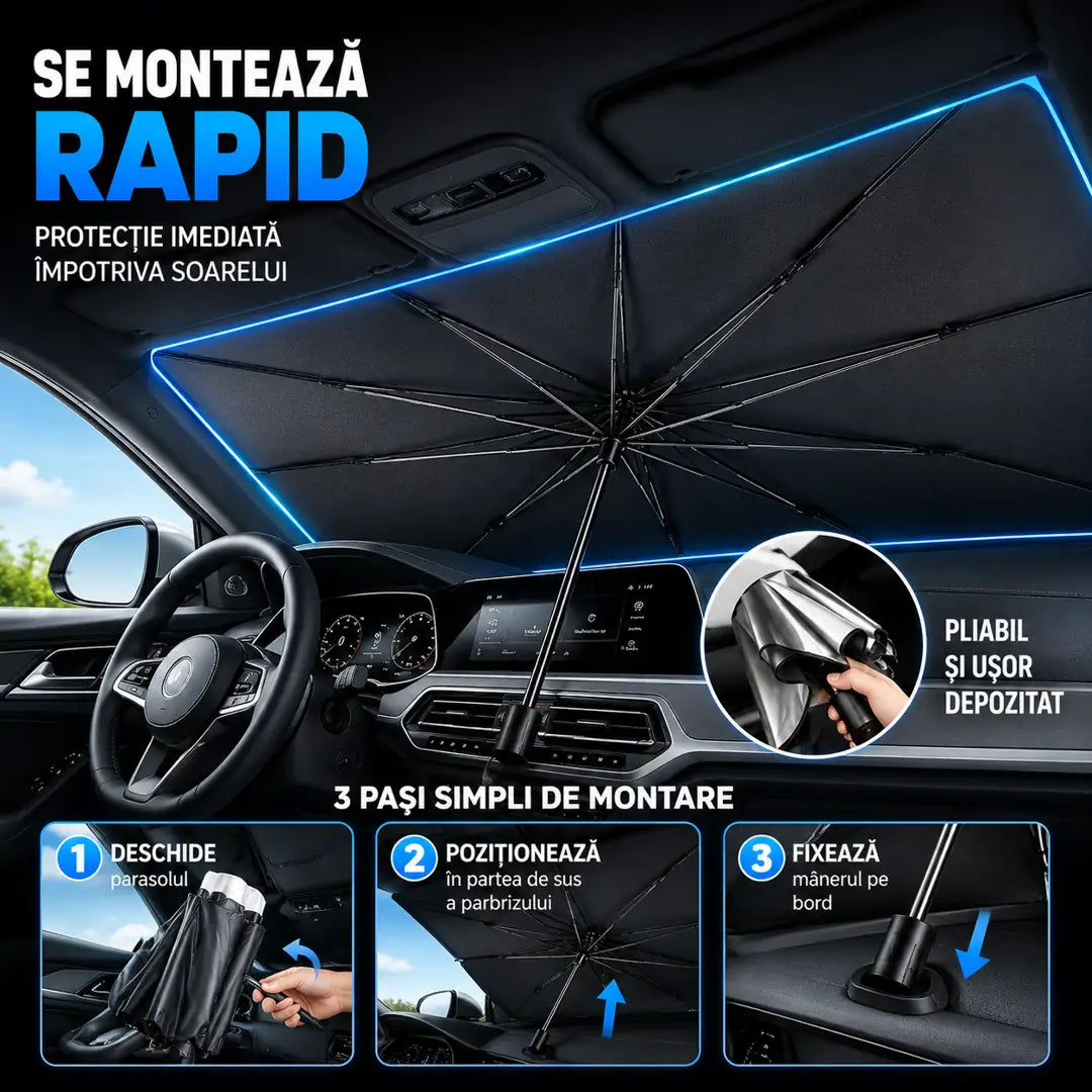 1+1 GRATIS! Protecție rapidă împotriva temperaturilor extreme - Parasol Auto Tip Umbrelă