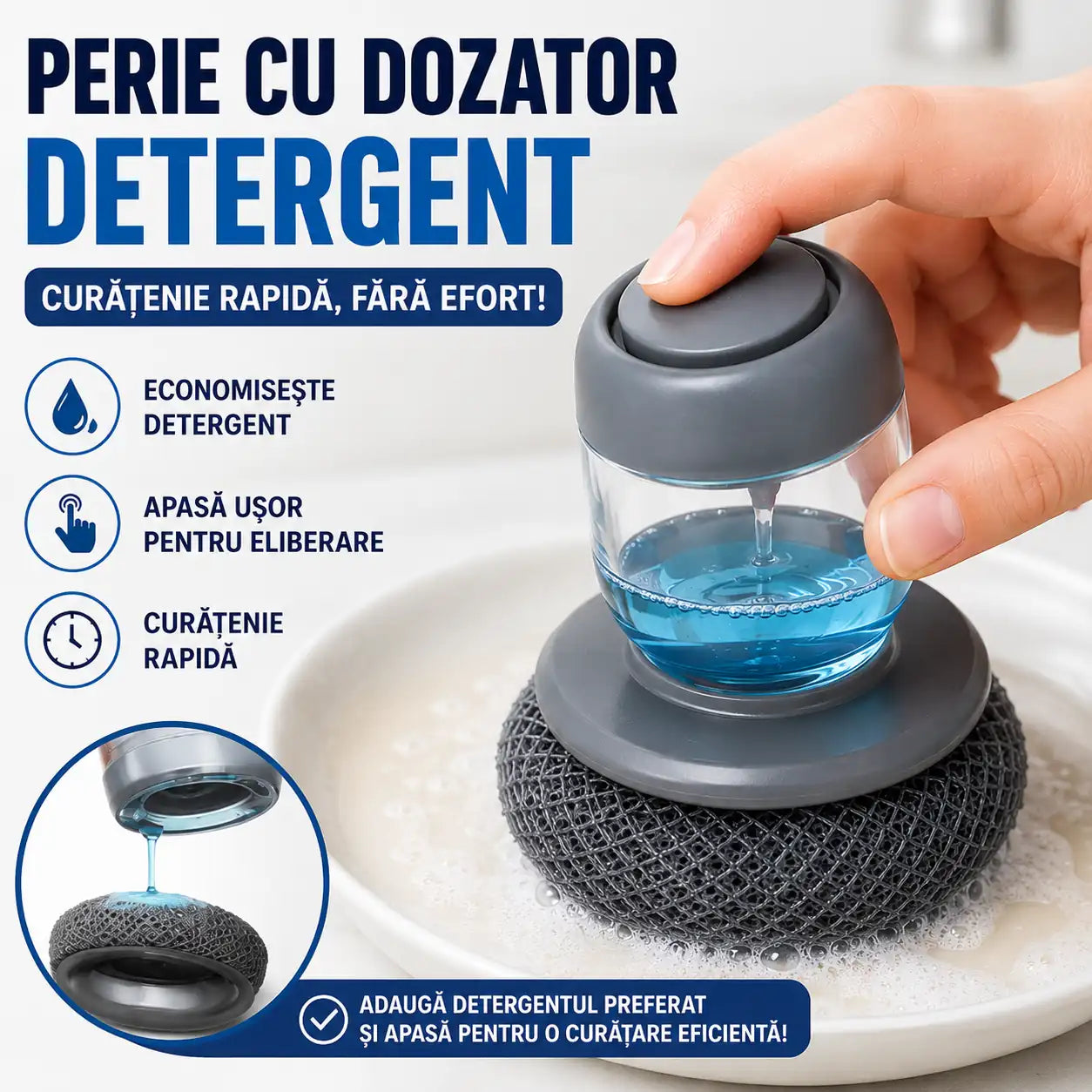 1+1 GRATIS! Economisește detergent la fiecare spălare – Burete cu dozator pentru detergent