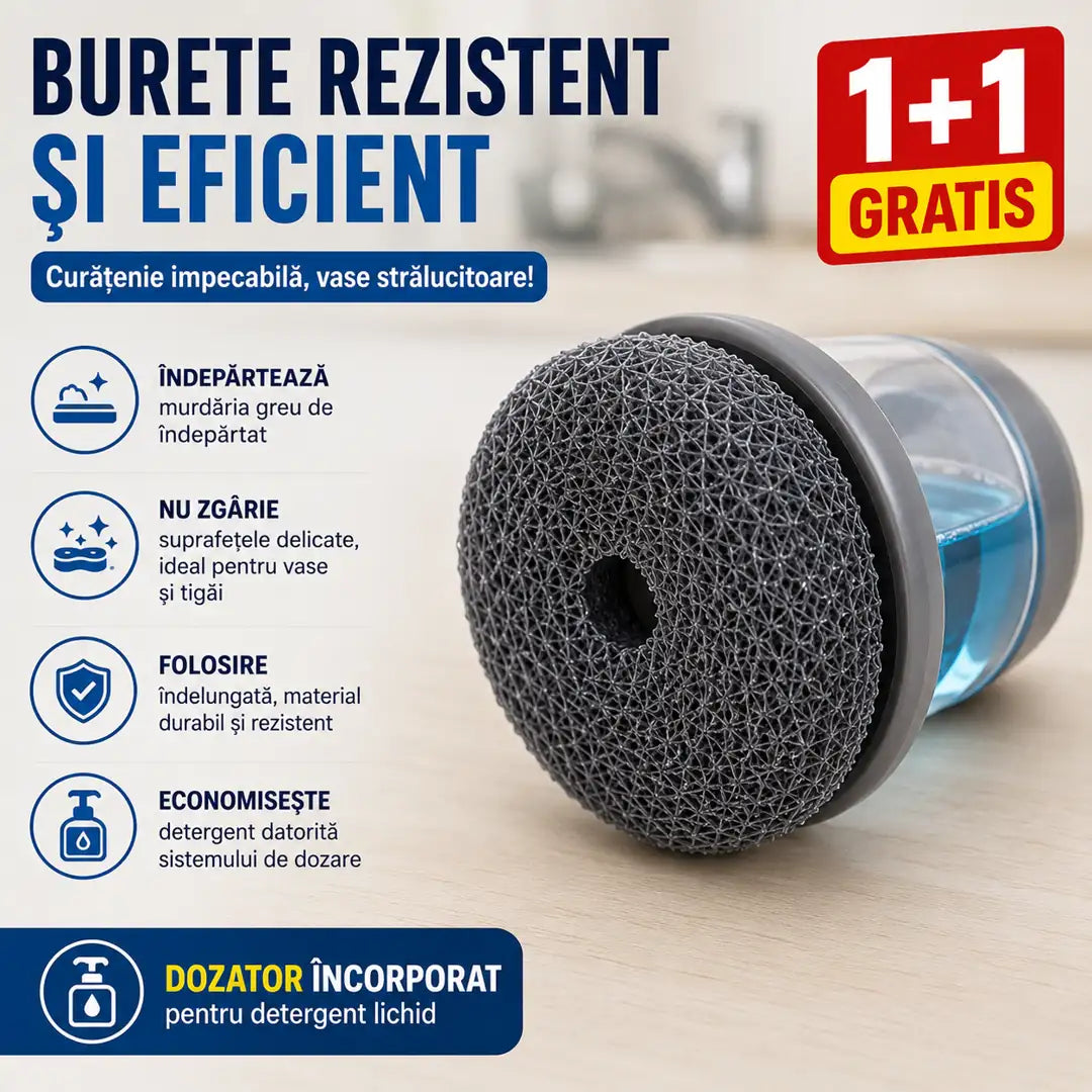 1+1 GRATIS! Economisește detergent la fiecare spălare – Burete cu dozator pentru detergent