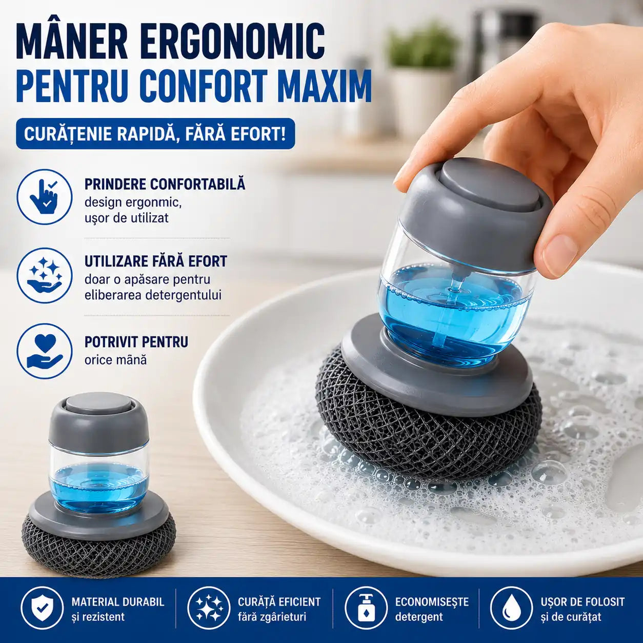 1+1 GRATIS! Economisește detergent la fiecare spălare – Burete cu dozator pentru detergent