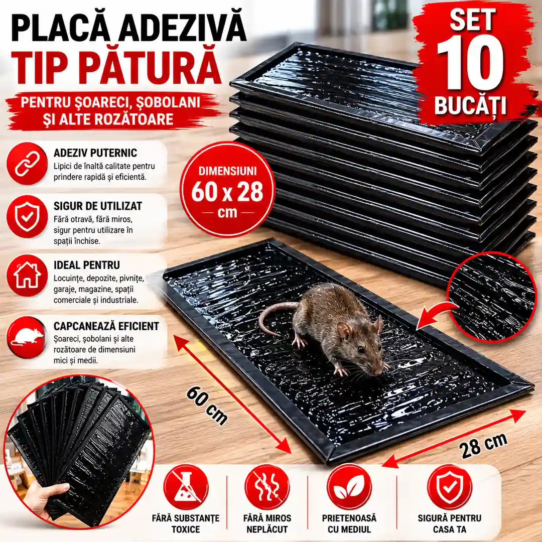 🚫 Gata cu Rozătoarele din Casă – Placă Adezivă Tip Pătură 60x28 cm - Set 10 bucăți
