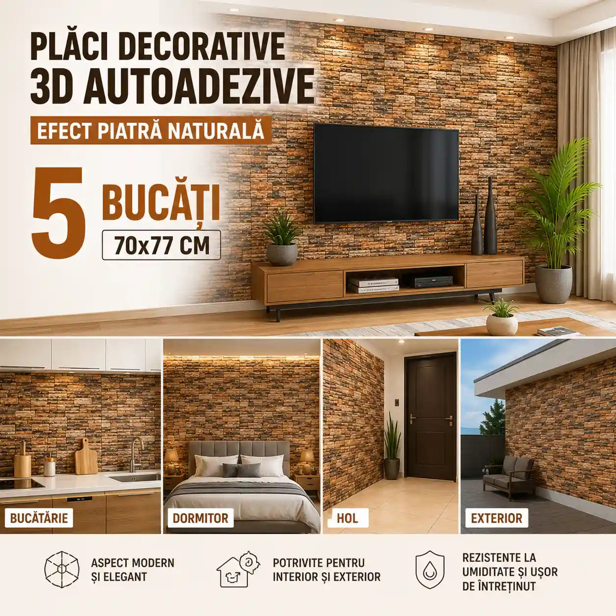 Transformă-ți pereții în câteva minute – Set 5 Bucăți Plăci Decorative 3D Autoadezive, Efect Piatră Naturală, 70×77 cm