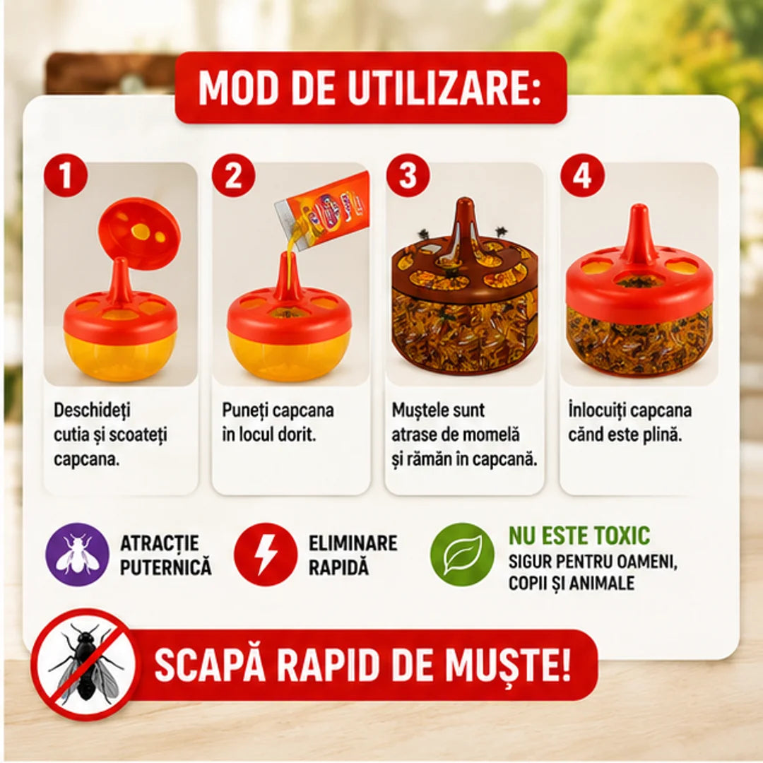 1+1 GRATIS! Gata cu Muștele din Casă și Curte – Capcană Reutilizabilă, Ușor de Curățat și Sigură pentru Familie
