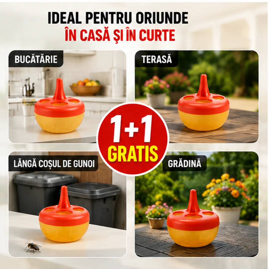 1+1 GRATIS! Gata cu Muștele din Casă și Curte – Capcană Reutilizabilă, Ușor de Curățat și Sigură pentru Familie