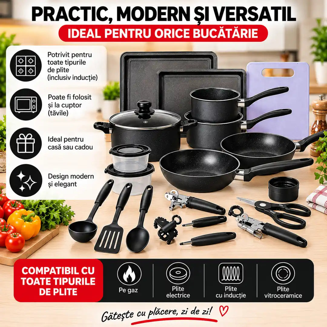 🍳 Tot ce ai nevoie pentru gătit, într-un singur set! – Set Premium de Vase și Ustensile pentru Bucătărie, 22 Piese