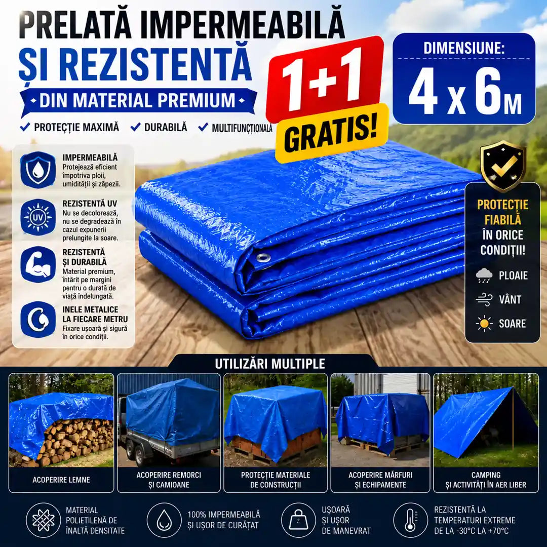 1+1 Gratis! Acoperă și Protejează Orice - Prelată Impermeabilă și Rezistentă din Material Premium - 4M x 6M