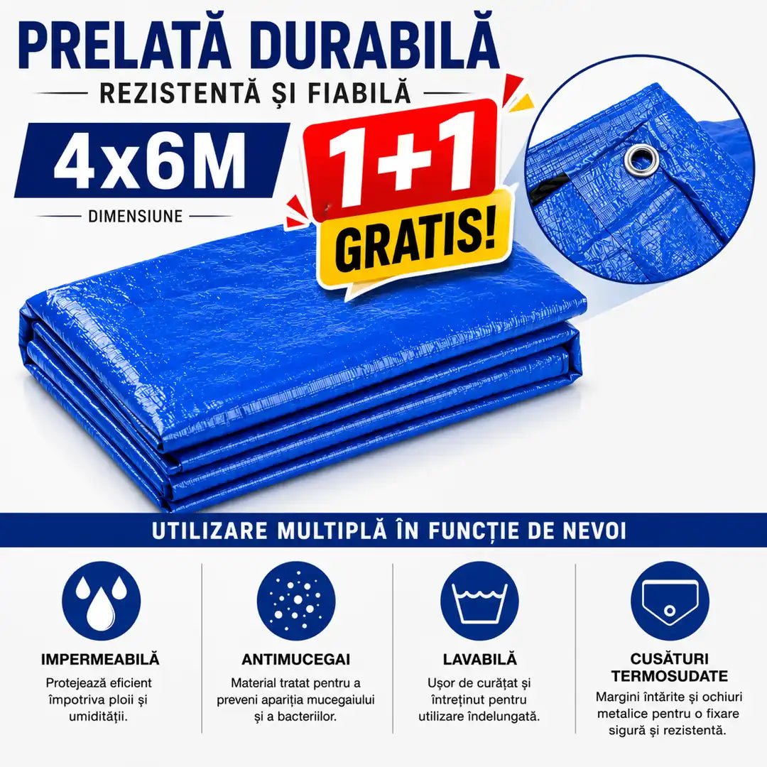 1+1 Gratis! Acoperă și Protejează Orice - Prelată Impermeabilă și Rezistentă din Material Premium - 4M x 6M