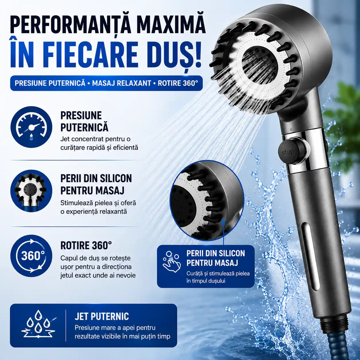 Presiune puternică chiar și la debit redus! – Cap de duș cu 3 funcții, presiune ridicată, filtru și granule minerale active