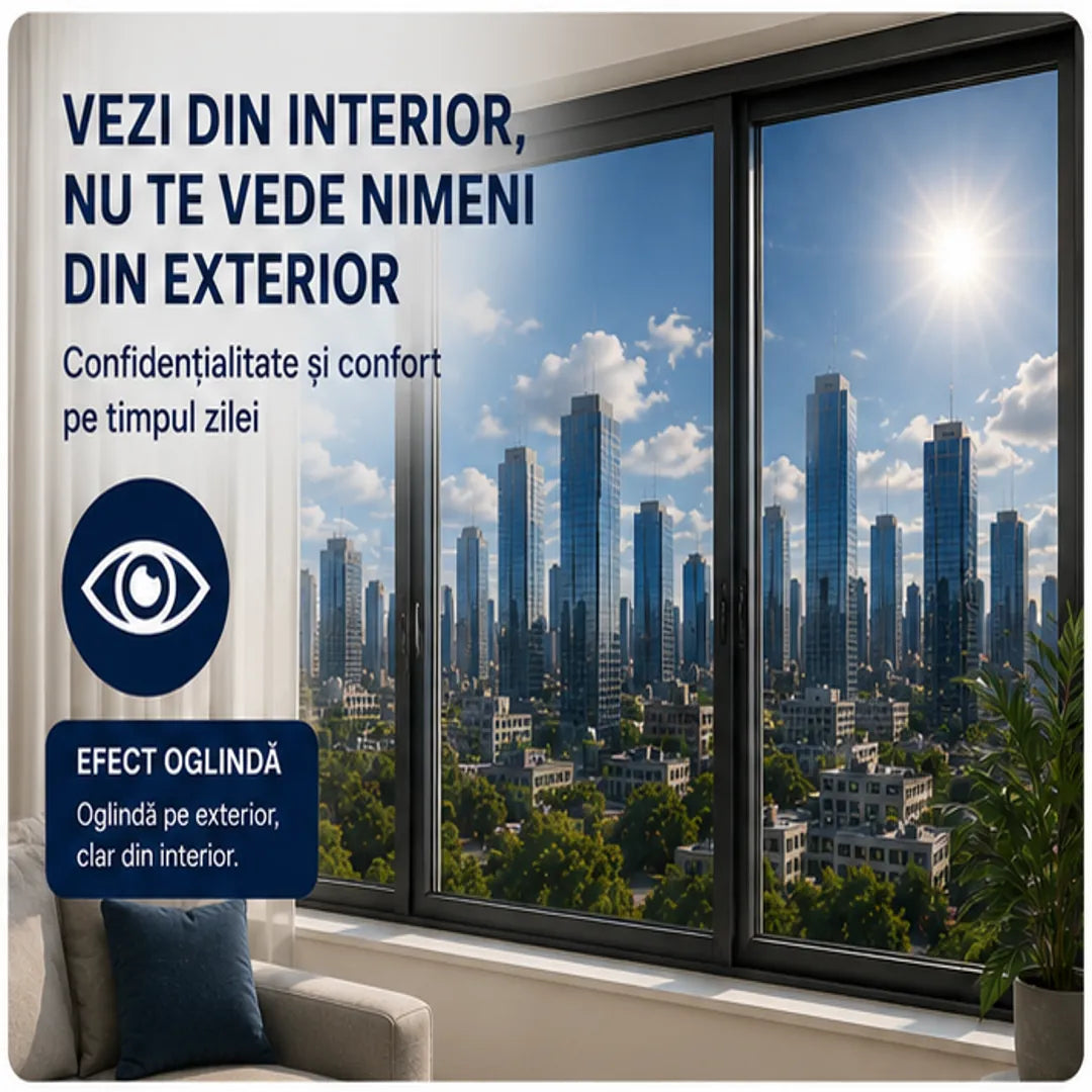 1+1 Gratis! ☀️ Mai Multă Intimitate și Răcoare – Folie Geam Tip Oglindă cu Protecție UV