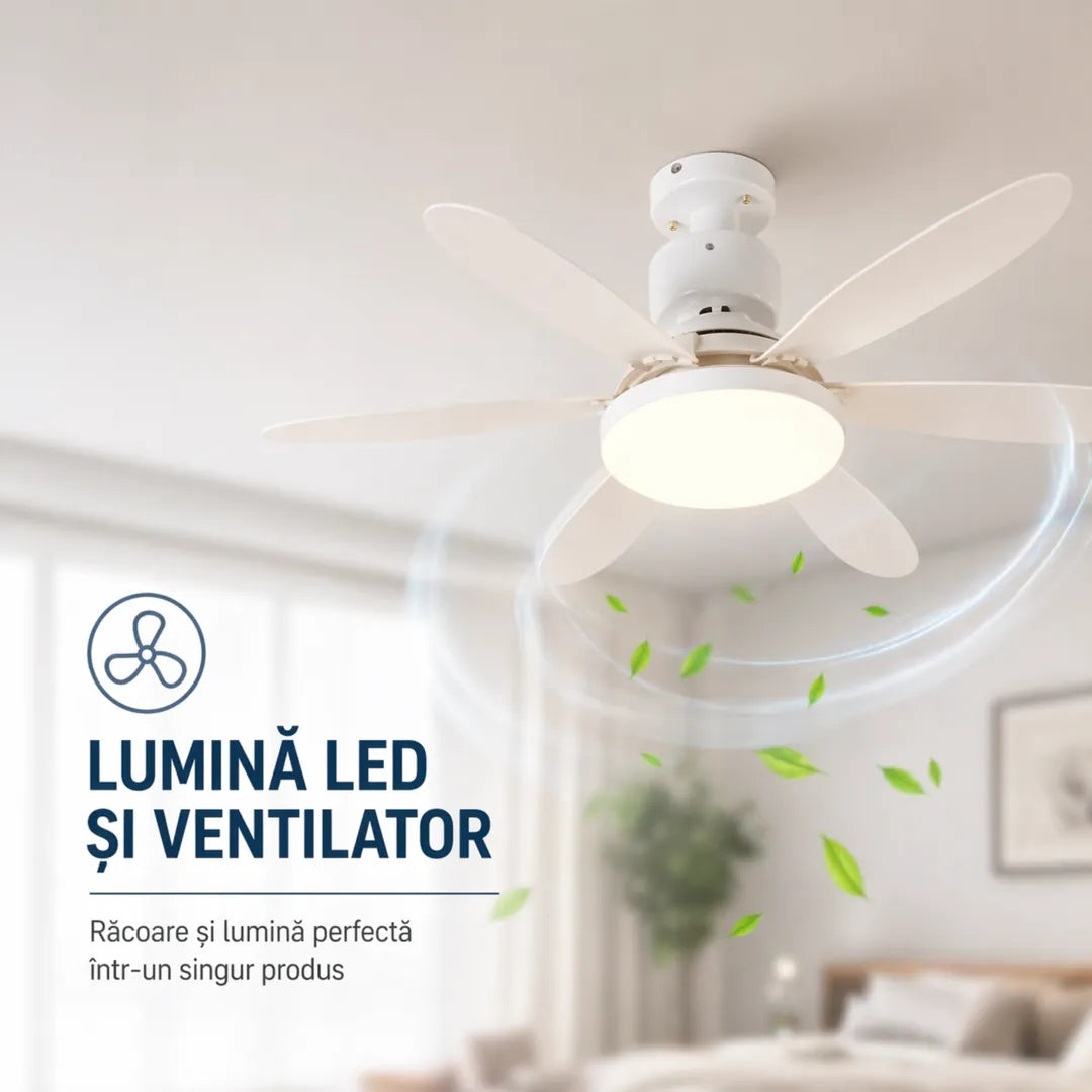 Ventilator de tavan cu bec LED 40W – 3 moduri de lumină, 3 viteze, telecomandă și timer inteligent