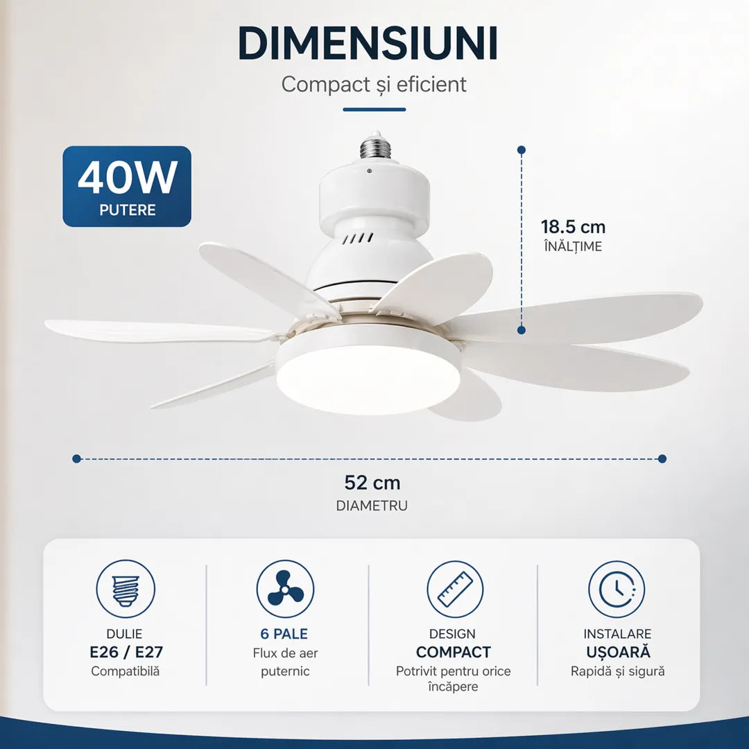 Ventilator de tavan cu bec LED 40W – 3 moduri de lumină, 3 viteze, telecomandă și timer inteligent
