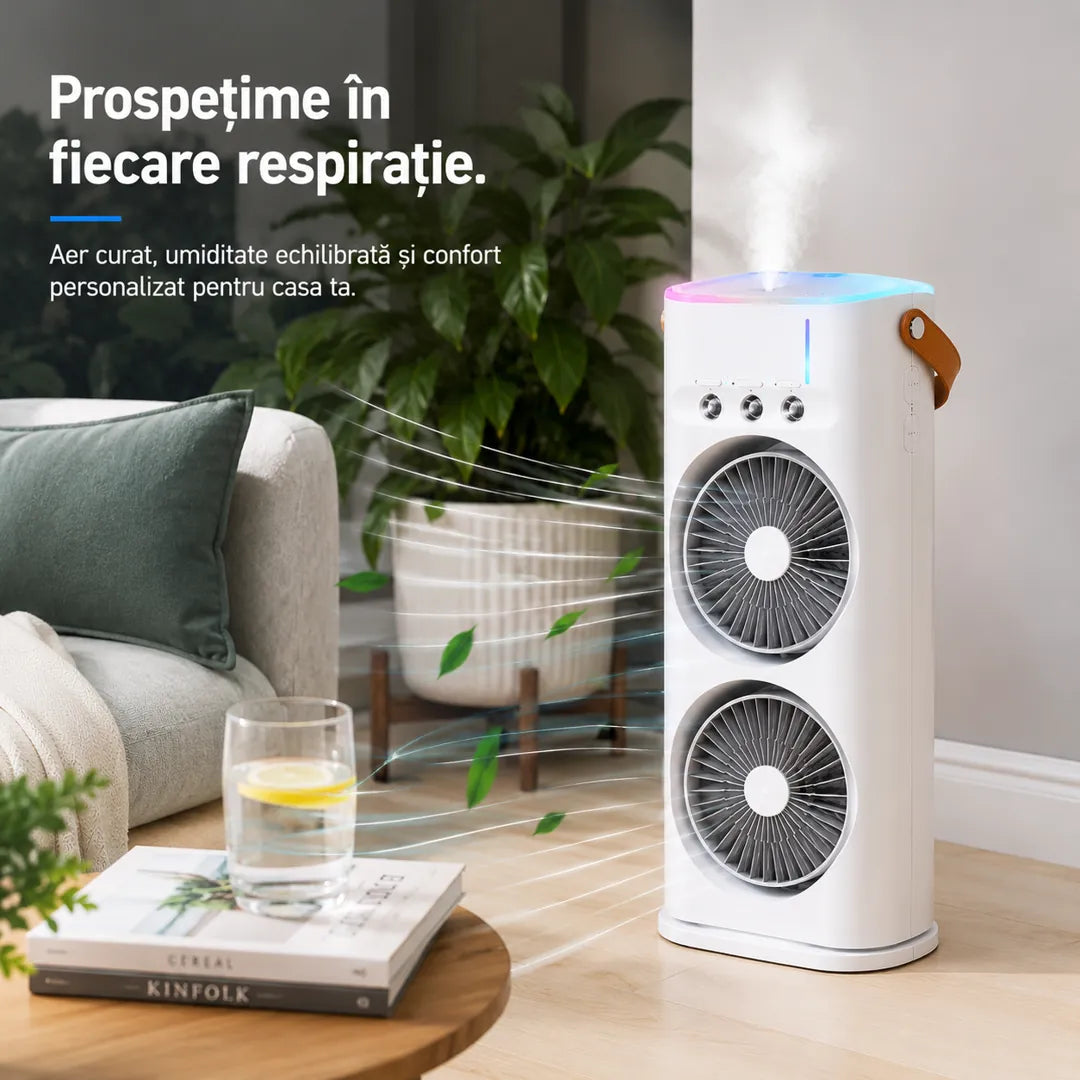 ❄️ Aer Răcoros și Confort Maxim – Ventilator Portabil cu Umidificator și Telecomandă
