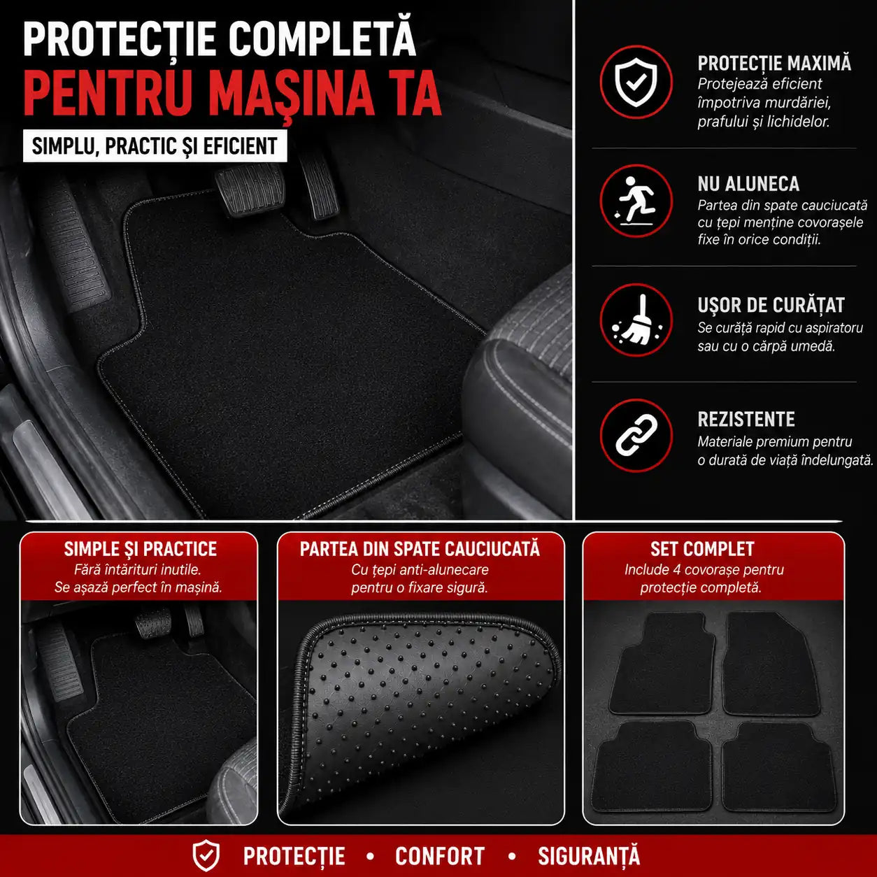 Set 4 Covorașe Auto Universale – Mochetă Premium, Rezistente și Antiderapante