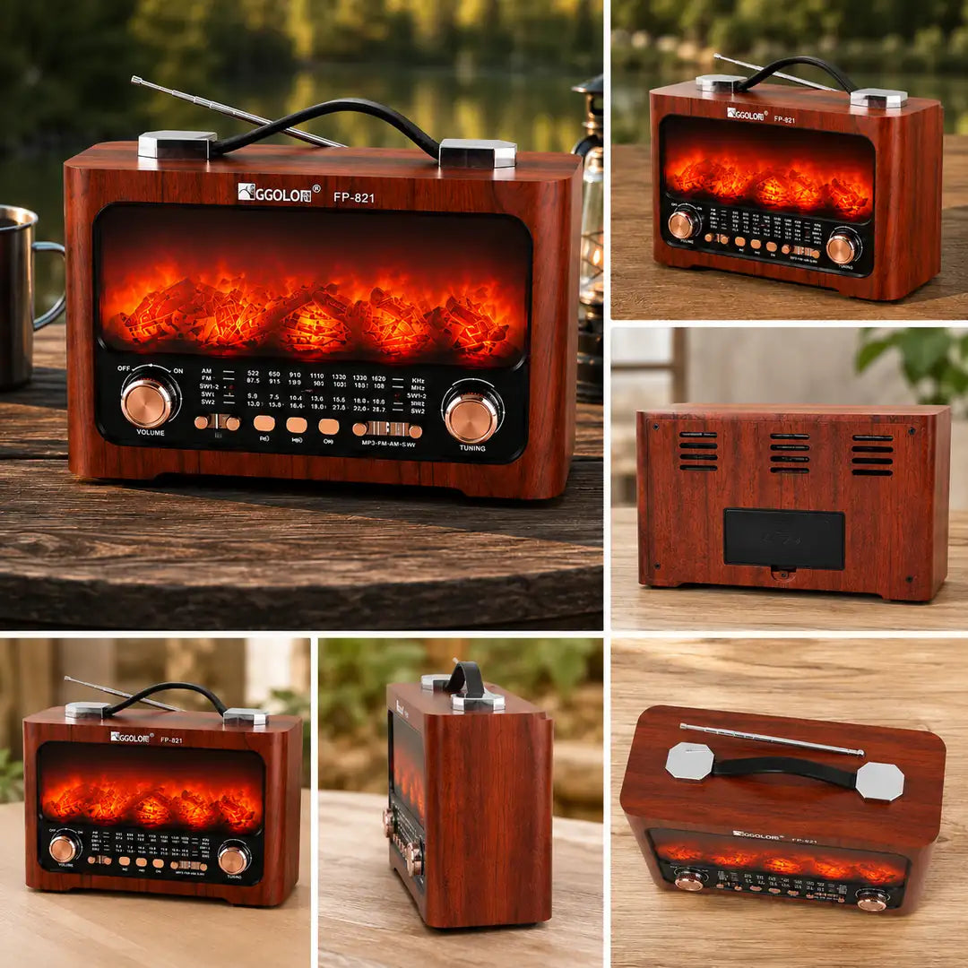 Mai Mult Decât un Radio – Radio Retro cu Flăcări 25.7×14.5×19.4 cm