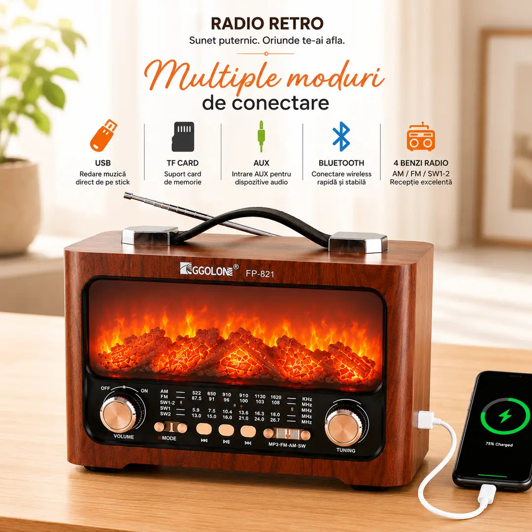 Mai Mult Decât un Radio – Radio Retro cu Flăcări 25.7×14.5×19.4 cm