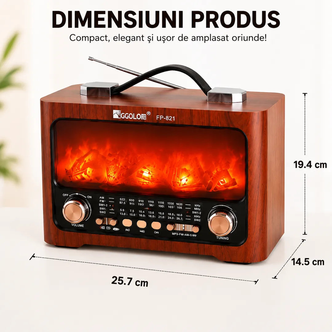 Mai Mult Decât un Radio – Radio Retro cu Flăcări 25.7×14.5×19.4 cm