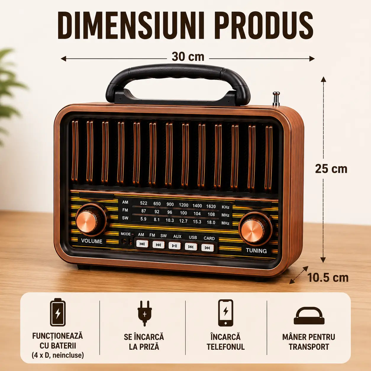 Design Retro, Sunet Puternic – Radio Portabil cu AM/FM/SW, USB, AUX și Card | 30 × 25 cm