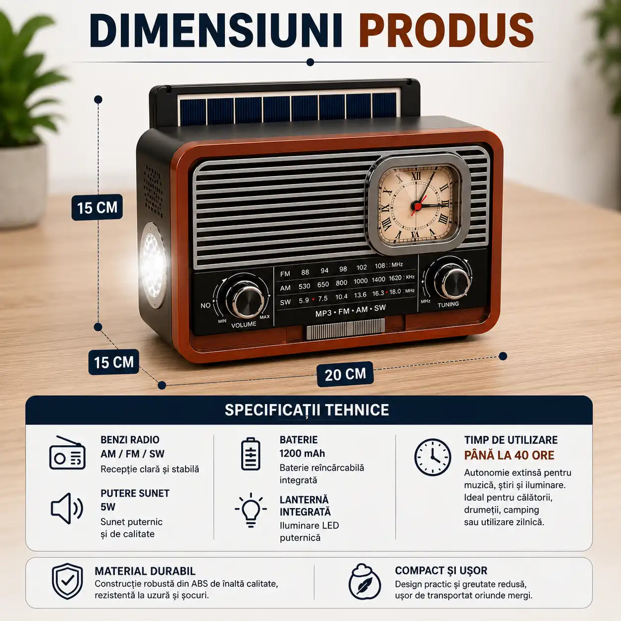 Un singur dispozitiv, zeci de utilizări – Radio Aspect Retro cu Încărcare Solară, Lanternă și Ceas