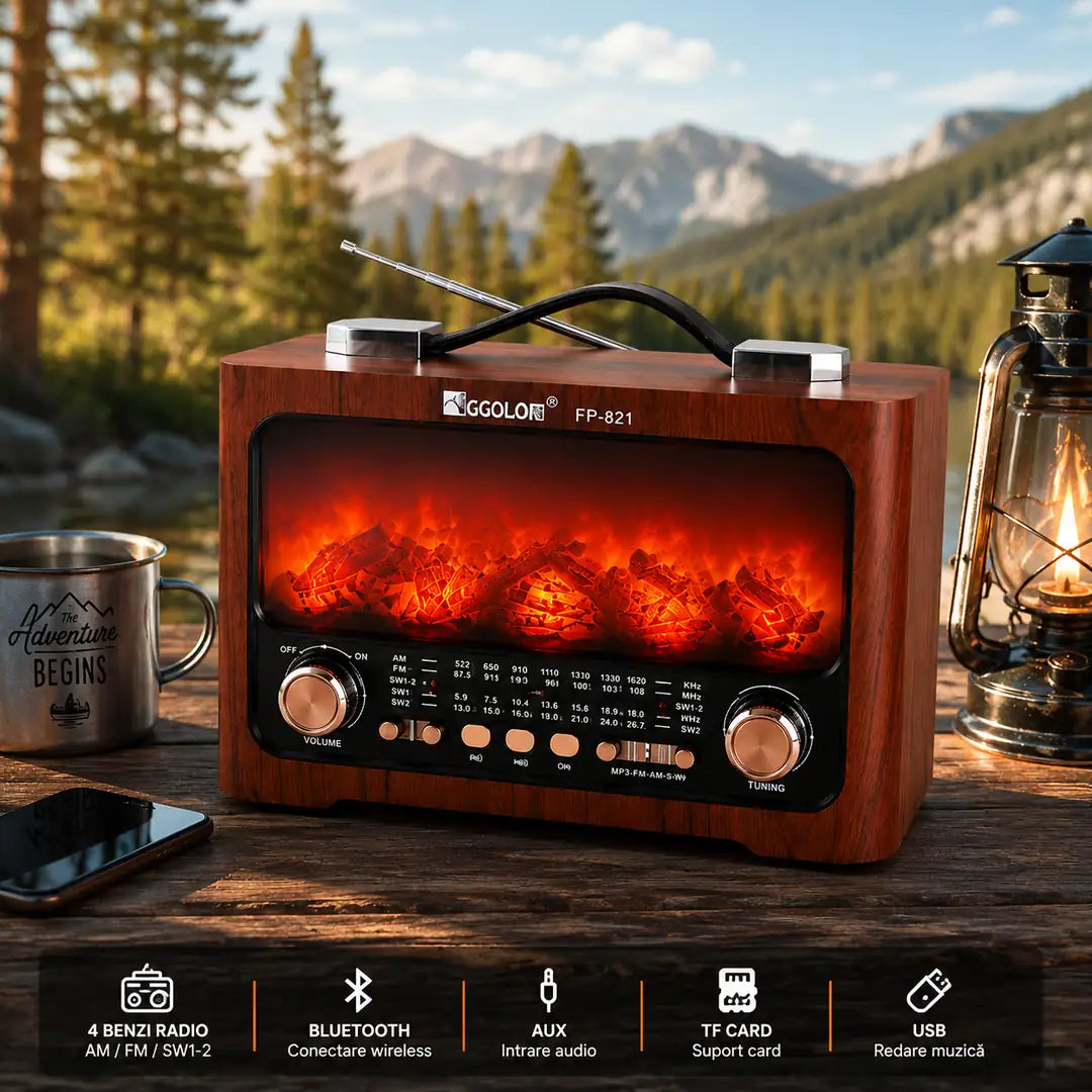 Mai Mult Decât un Radio – Radio Retro cu Flăcări 25.7×14.5×19.4 cm