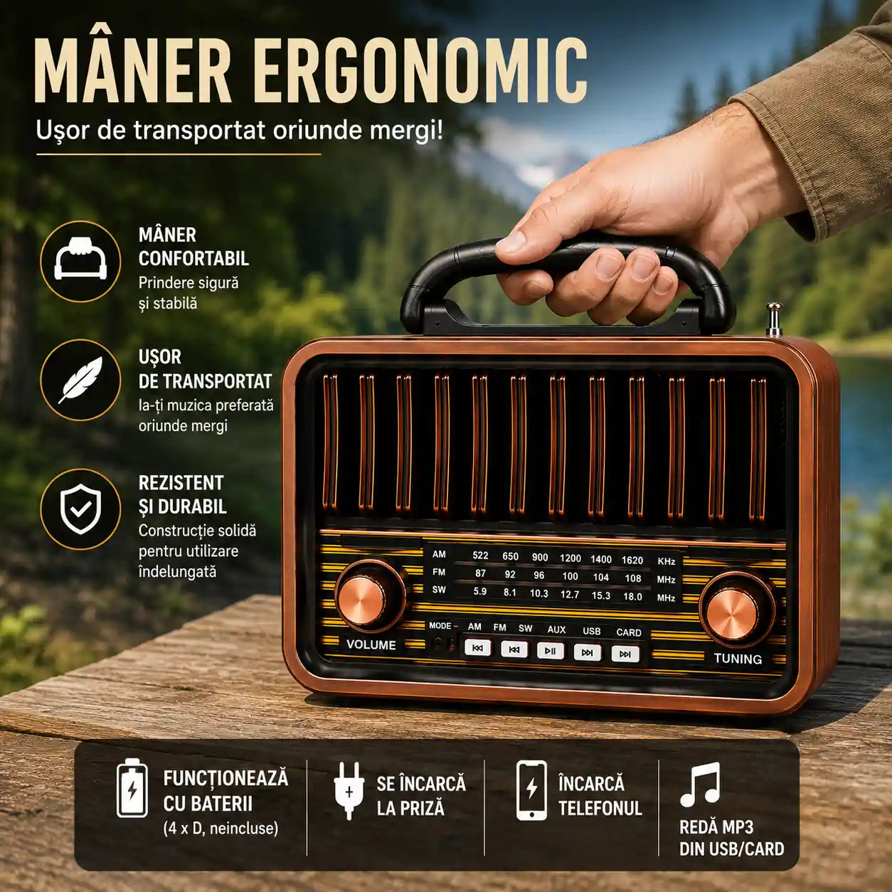 Design Retro, Sunet Puternic – Radio Portabil cu AM/FM/SW, USB, AUX și Card | 30 × 25 cm