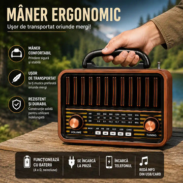 Design Retro, Sunet Puternic – Radio Portabil cu AM/FM/SW, USB, AUX și Card | 30 × 25 cm