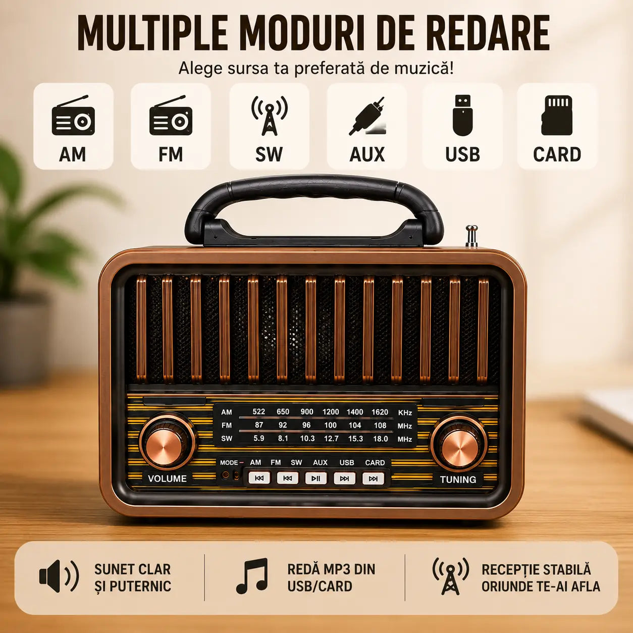 Design Retro, Sunet Puternic – Radio Portabil cu AM/FM/SW, USB, AUX și Card | 30 × 25 cm