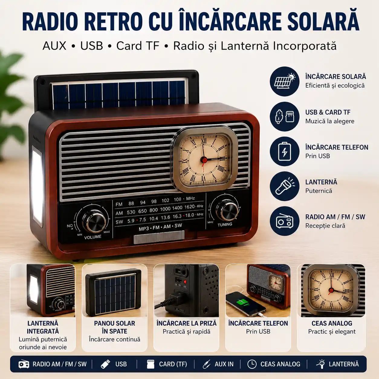 Un singur dispozitiv, zeci de utilizări – Radio Aspect Retro cu Încărcare Solară, Lanternă și Ceas
