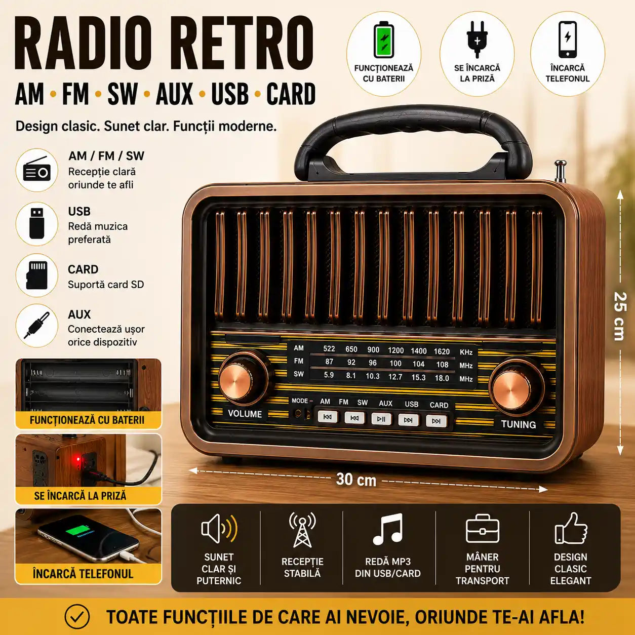 Design Retro, Sunet Puternic – Radio Portabil cu AM/FM/SW, USB, AUX și Card | 30 × 25 cm