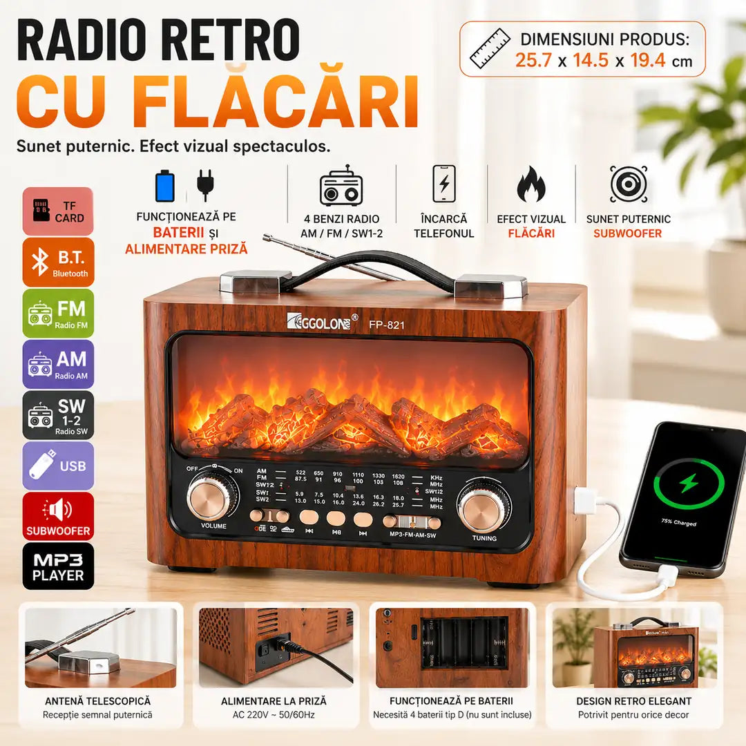 Mai Mult Decât un Radio – Radio Retro cu Flăcări 25.7×14.5×19.4 cm