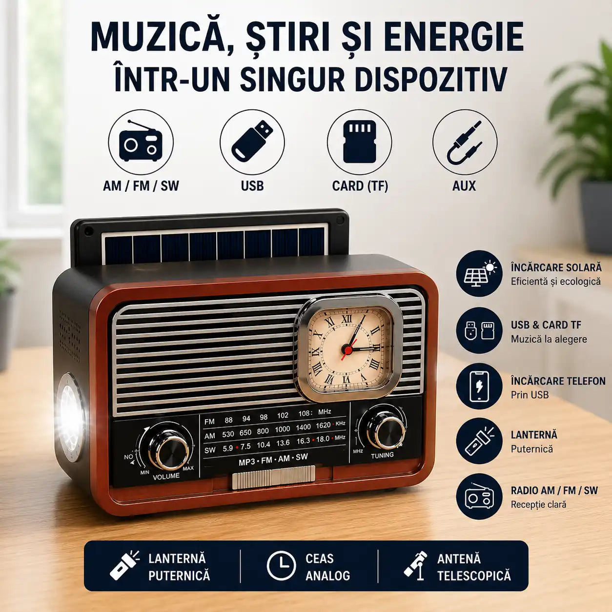 Un singur dispozitiv, zeci de utilizări – Radio Aspect Retro cu Încărcare Solară, Lanternă și Ceas