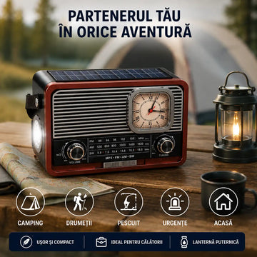Un singur dispozitiv, zeci de utilizări – Radio Aspect Retro cu Încărcare Solară, Lanternă și Ceas