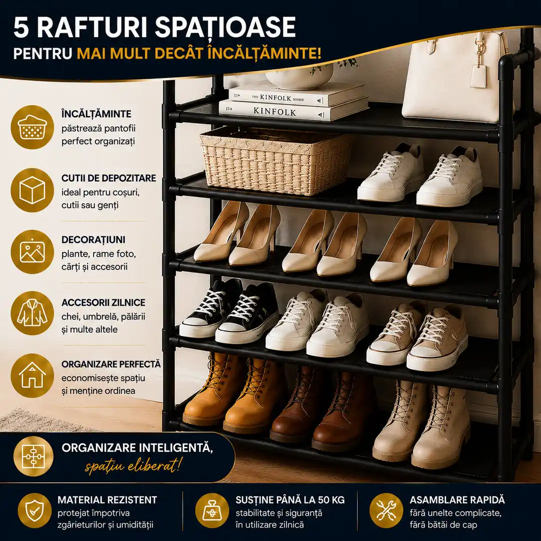 Totul la Locul Lui, Într-un Singur Suport – Cuier Metalic cu 5 Rafturi 171 × 80 × 30 cm