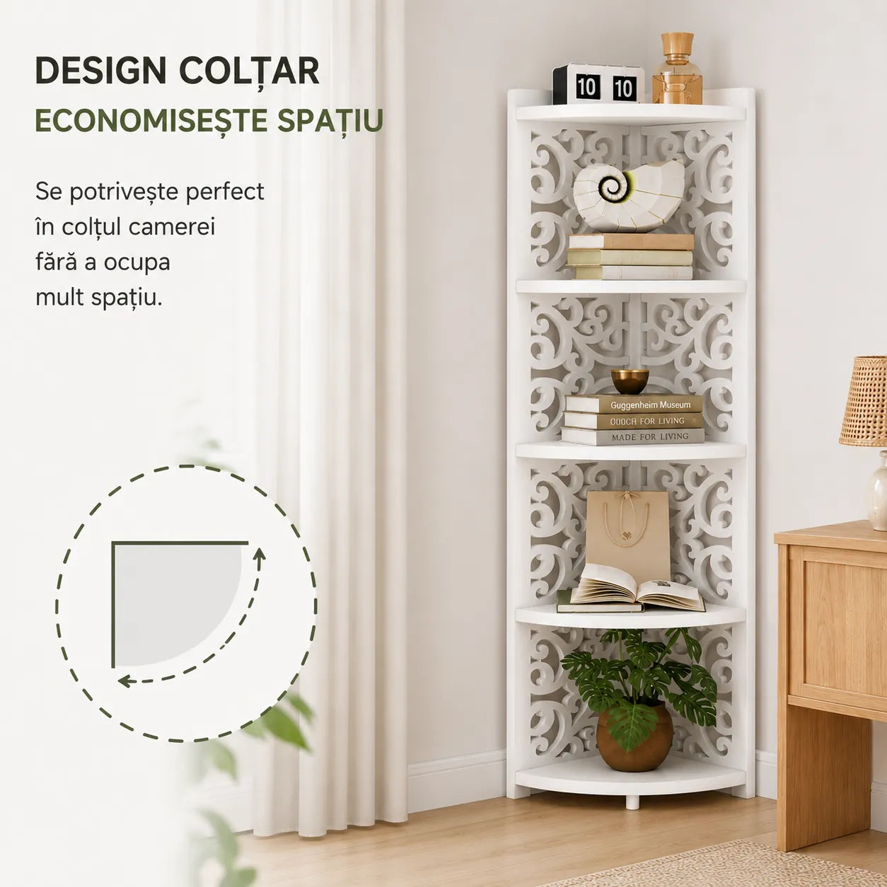 Transformă Orice Colț într-un Spațiu Elegant – Raft Colțar Decorativ din MDF cu 5 Polițe