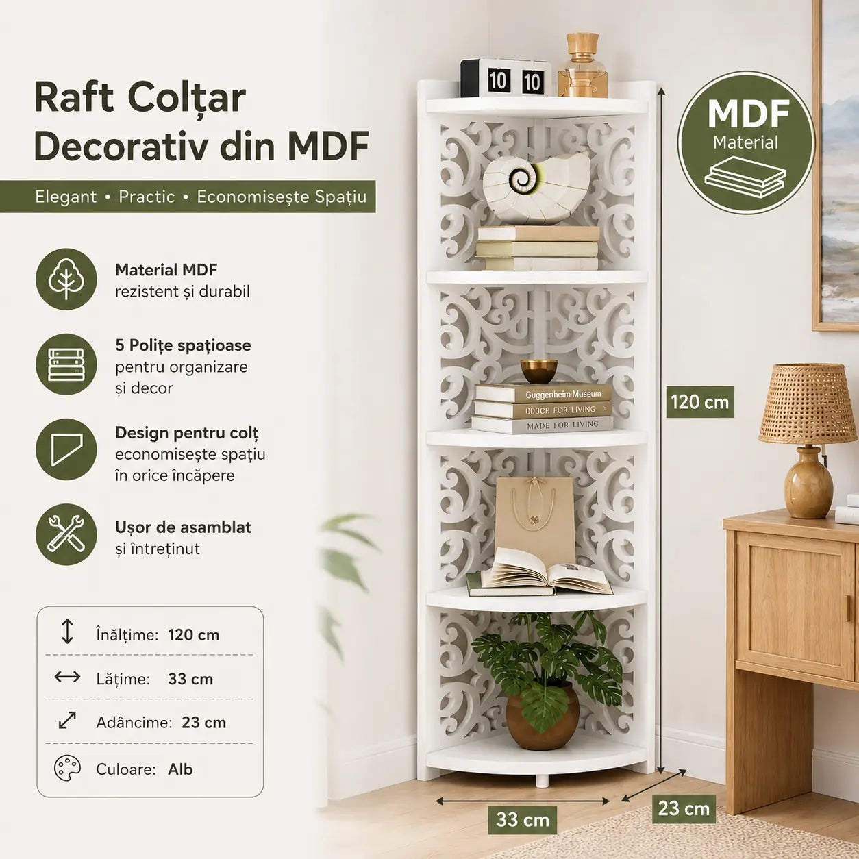 Transformă Orice Colț într-un Spațiu Elegant – Raft Colțar Decorativ din MDF cu 5 Polițe