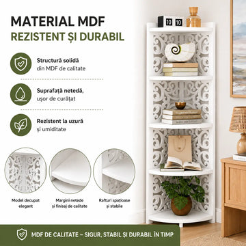 Transformă Orice Colț într-un Spațiu Elegant – Raft Colțar Decorativ din MDF cu 5 Polițe