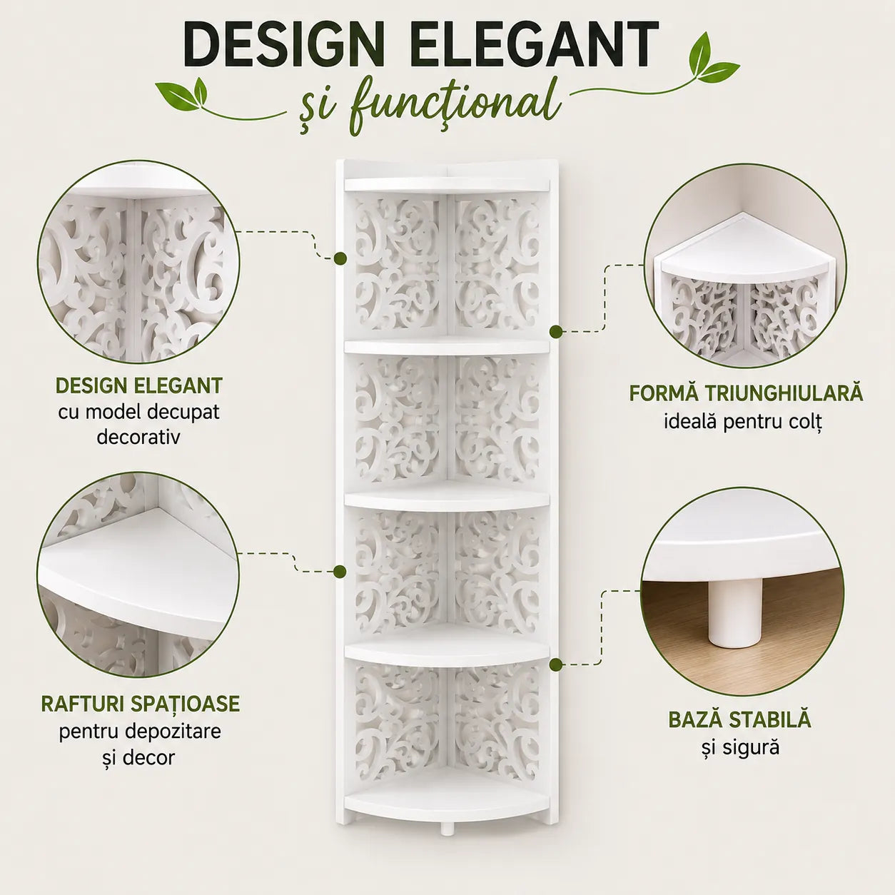 Transformă Orice Colț într-un Spațiu Elegant – Raft Colțar Decorativ din MDF cu 5 Polițe