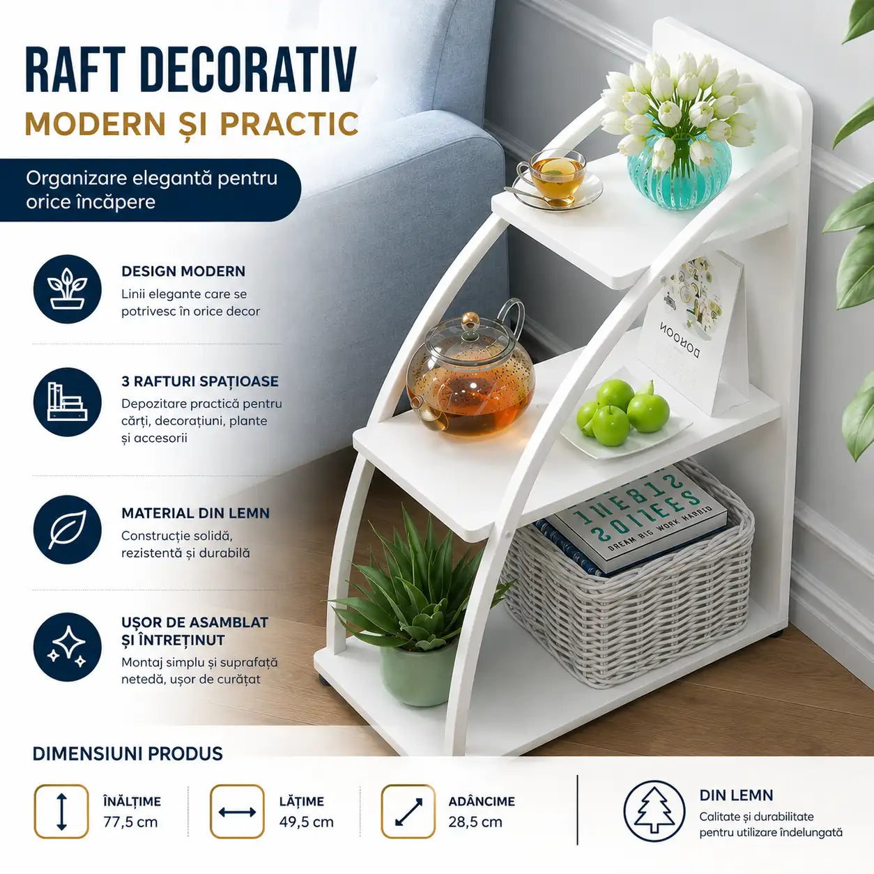 Raft Modern din Lemn cu 3 Polițe – 77,5 × 49,5 × 28,5 cm