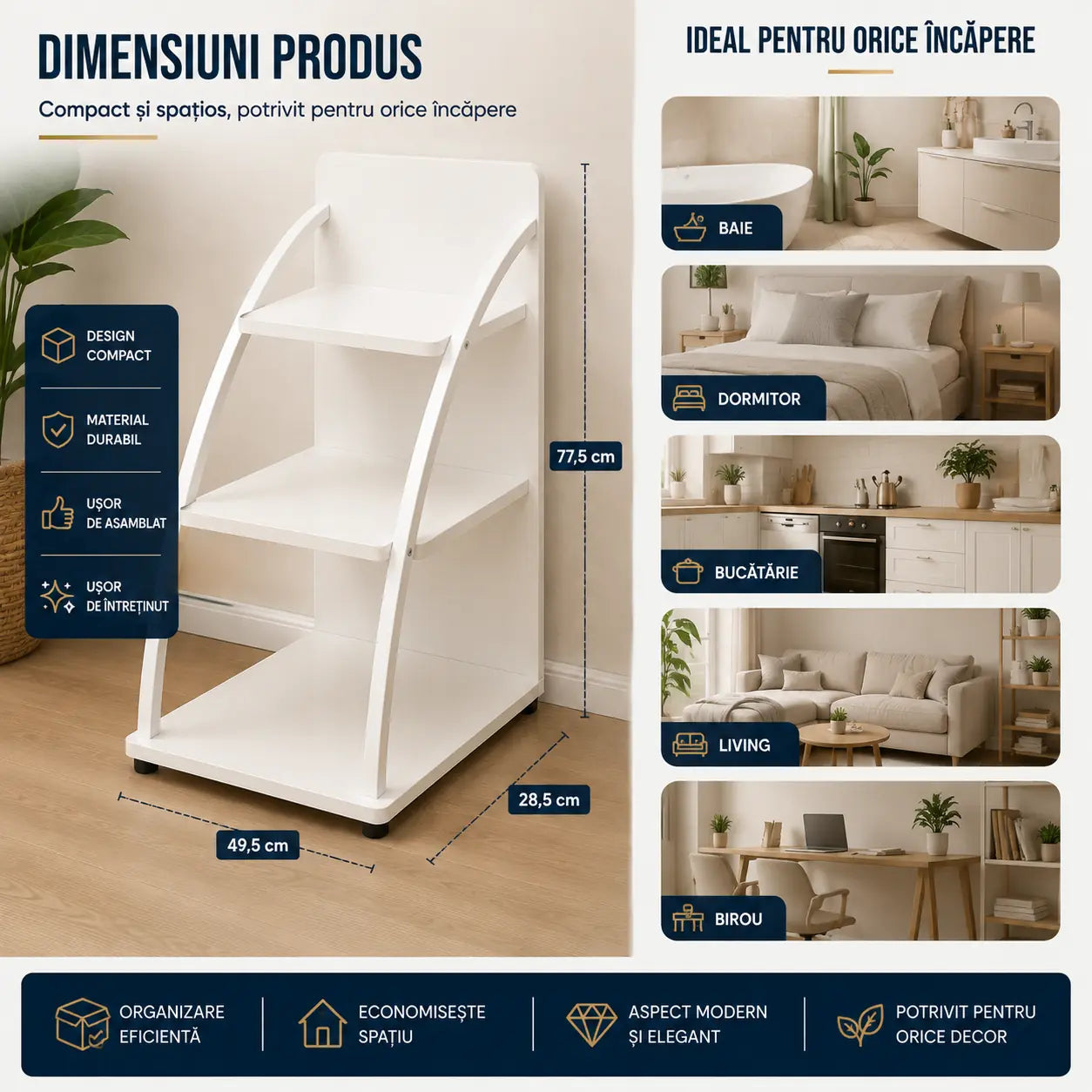 Raft Modern din Lemn cu 3 Polițe – 77,5 × 49,5 × 28,5 cm