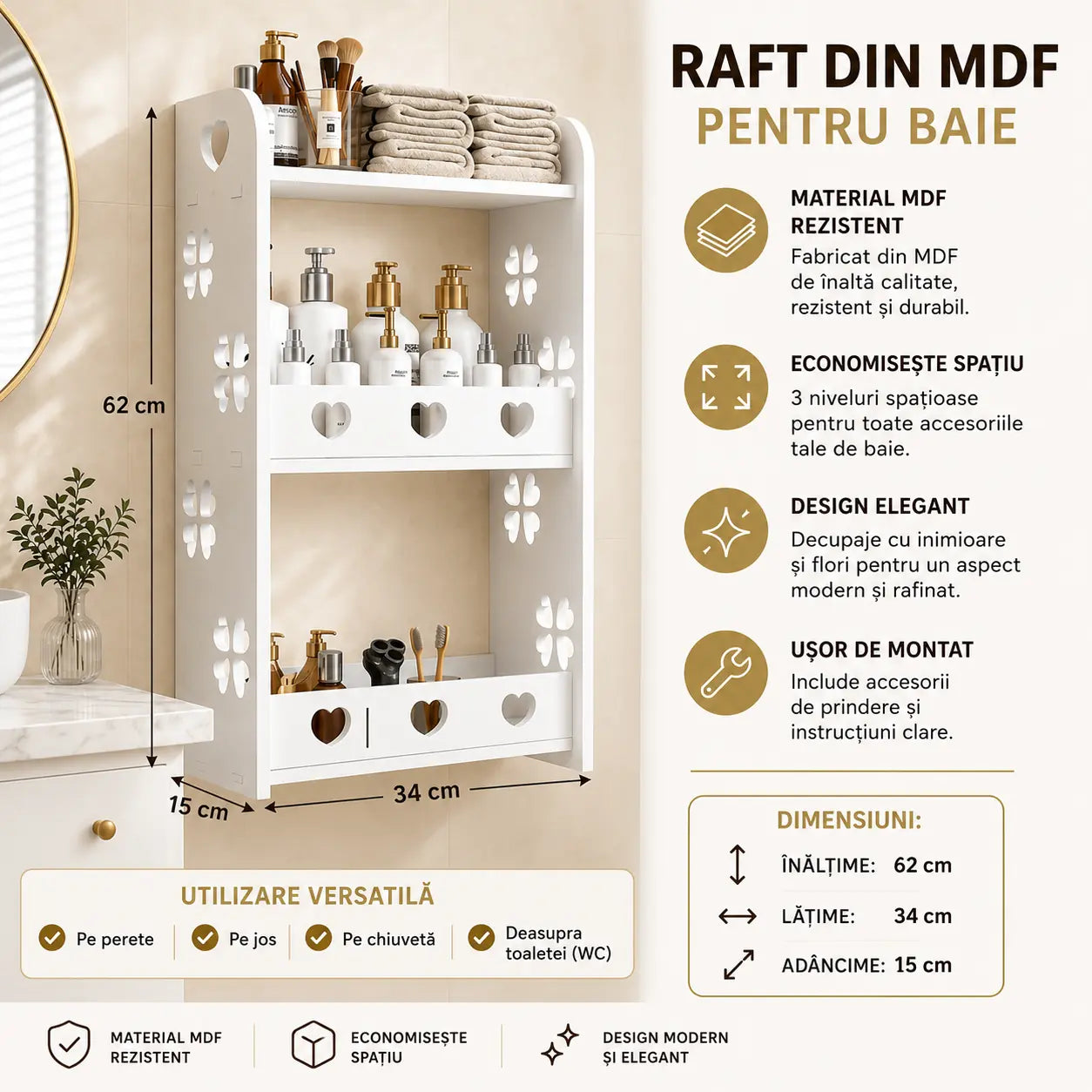 Eleganță și Organizare în Același Loc – Raft Suspendat din MDF 62x34x15 cm