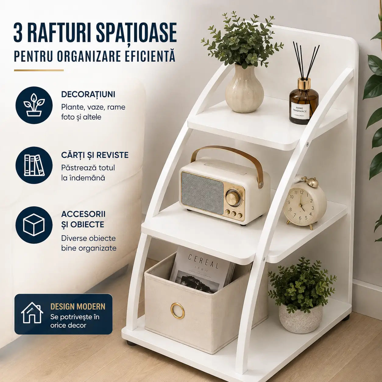 Raft Modern din Lemn cu 3 Polițe – 77,5 × 49,5 × 28,5 cm