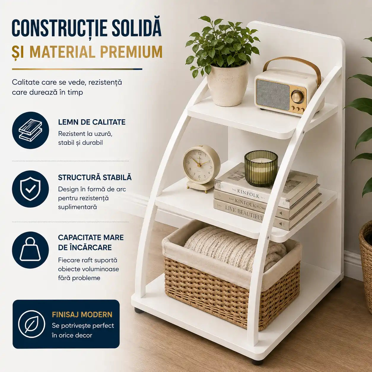 Raft Modern din Lemn cu 3 Polițe – 77,5 × 49,5 × 28,5 cm