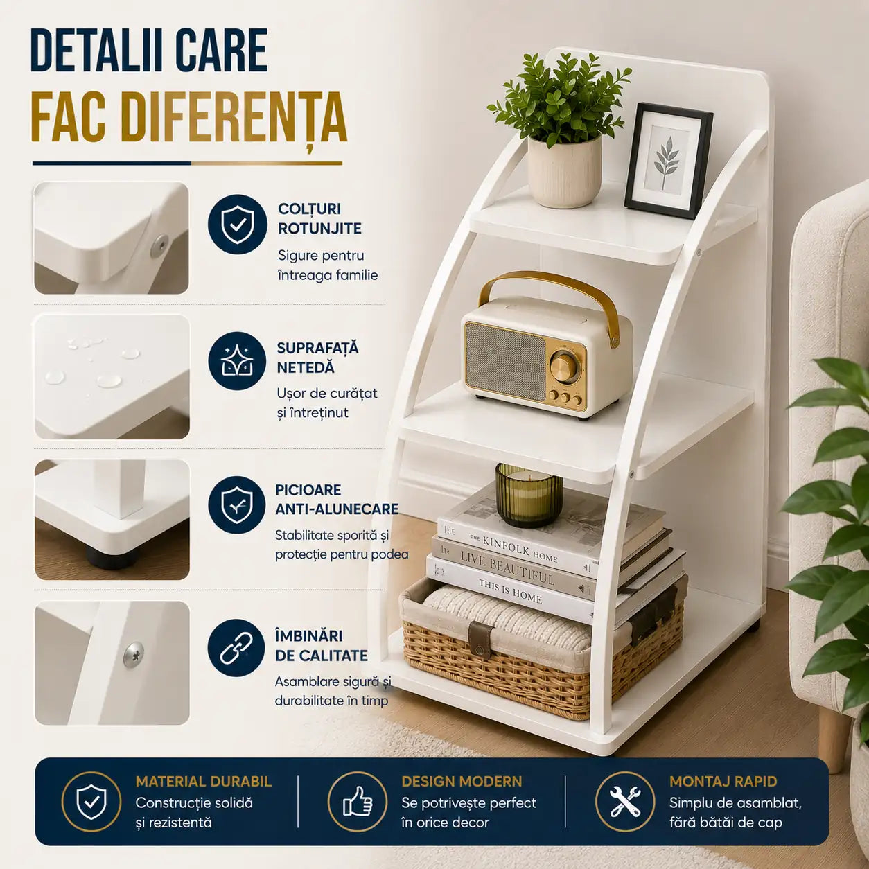 Raft Modern din Lemn cu 3 Polițe – 77,5 × 49,5 × 28,5 cm