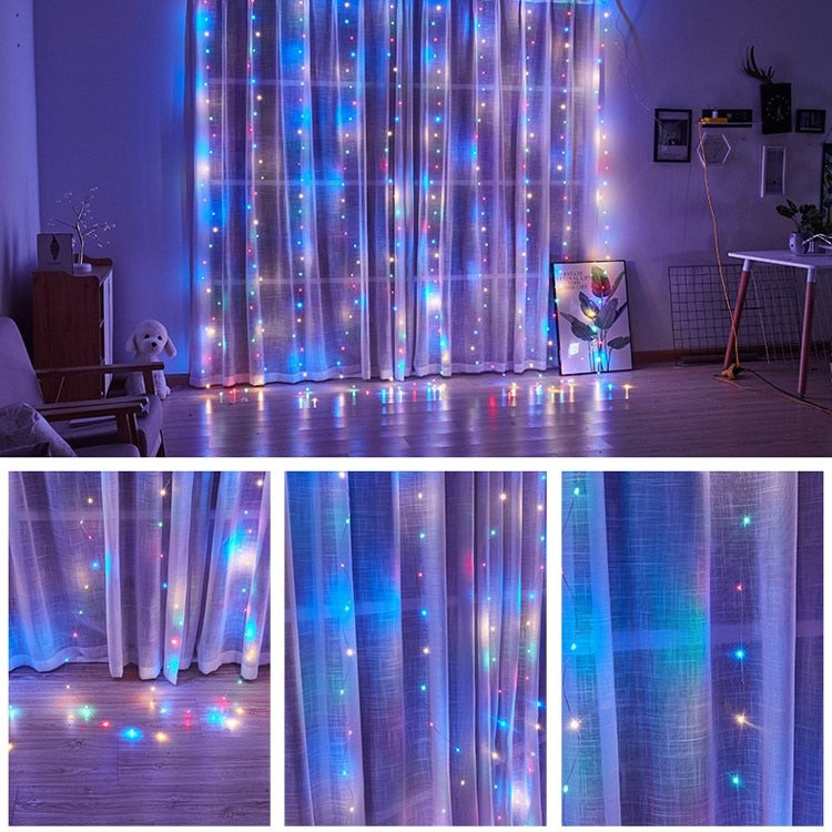 Instalație tip perdea LED 3M x 3M - MULTICOLORĂ, 300 LED-uri, Telecomandă, 8 Moduri
