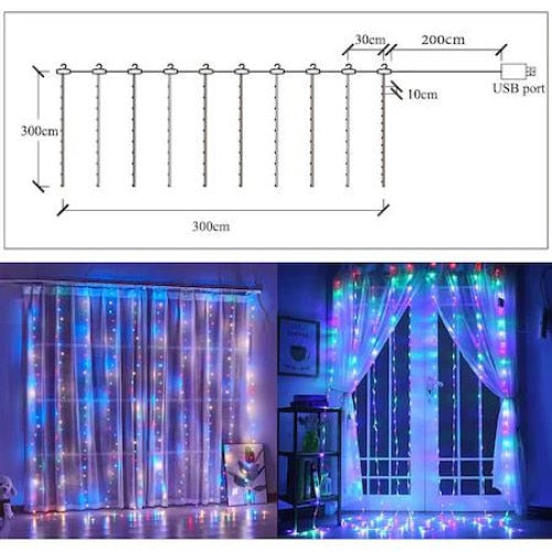 Instalație tip perdea LED 3M x 3M - MULTICOLORĂ, 300 LED-uri, Telecomandă, 8 Moduri