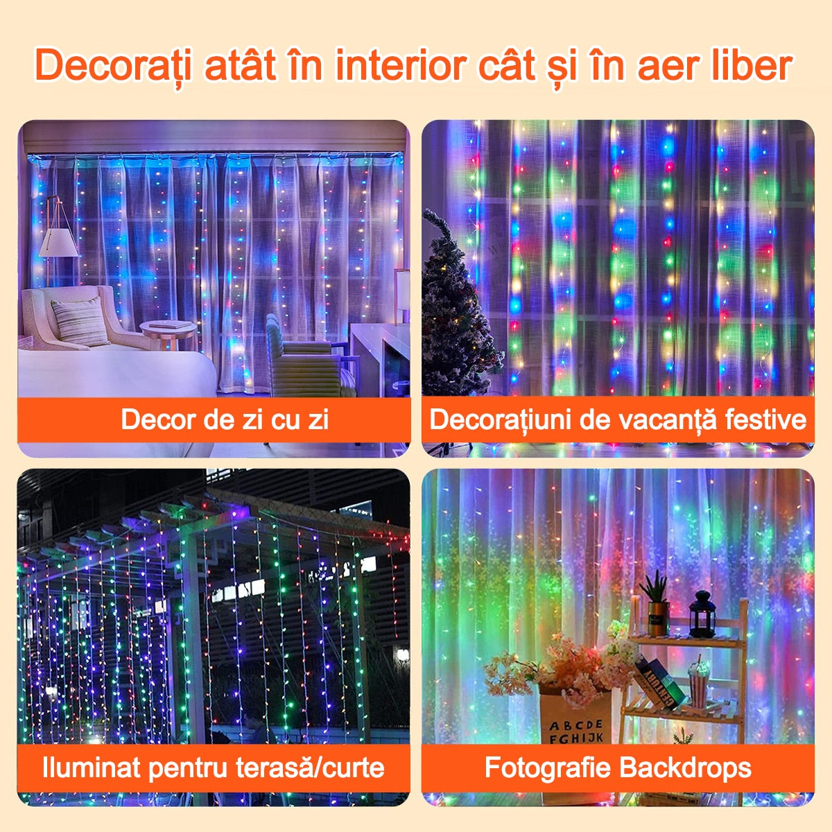 Instalație tip perdea LED 3M x 3M - MULTICOLORĂ, 300 LED-uri, Telecomandă, 8 Moduri