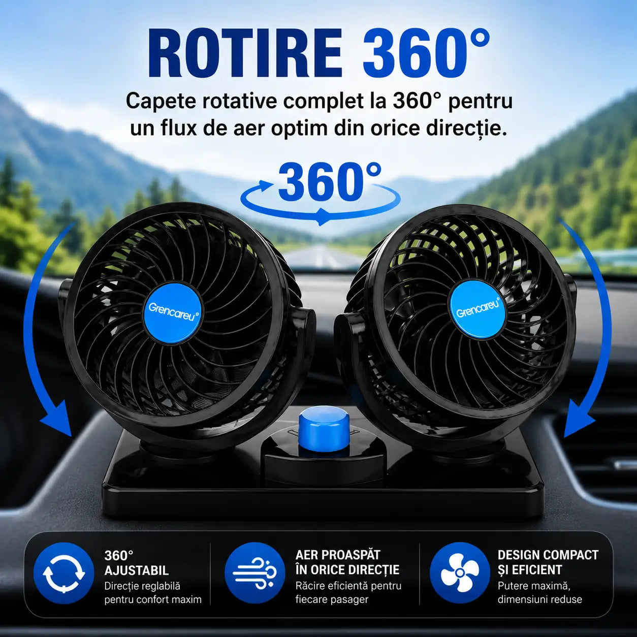 Transformă orice drum într-o călătorie confortabilă – Ventilator Auto Dublu 12V cu Rotire 360°