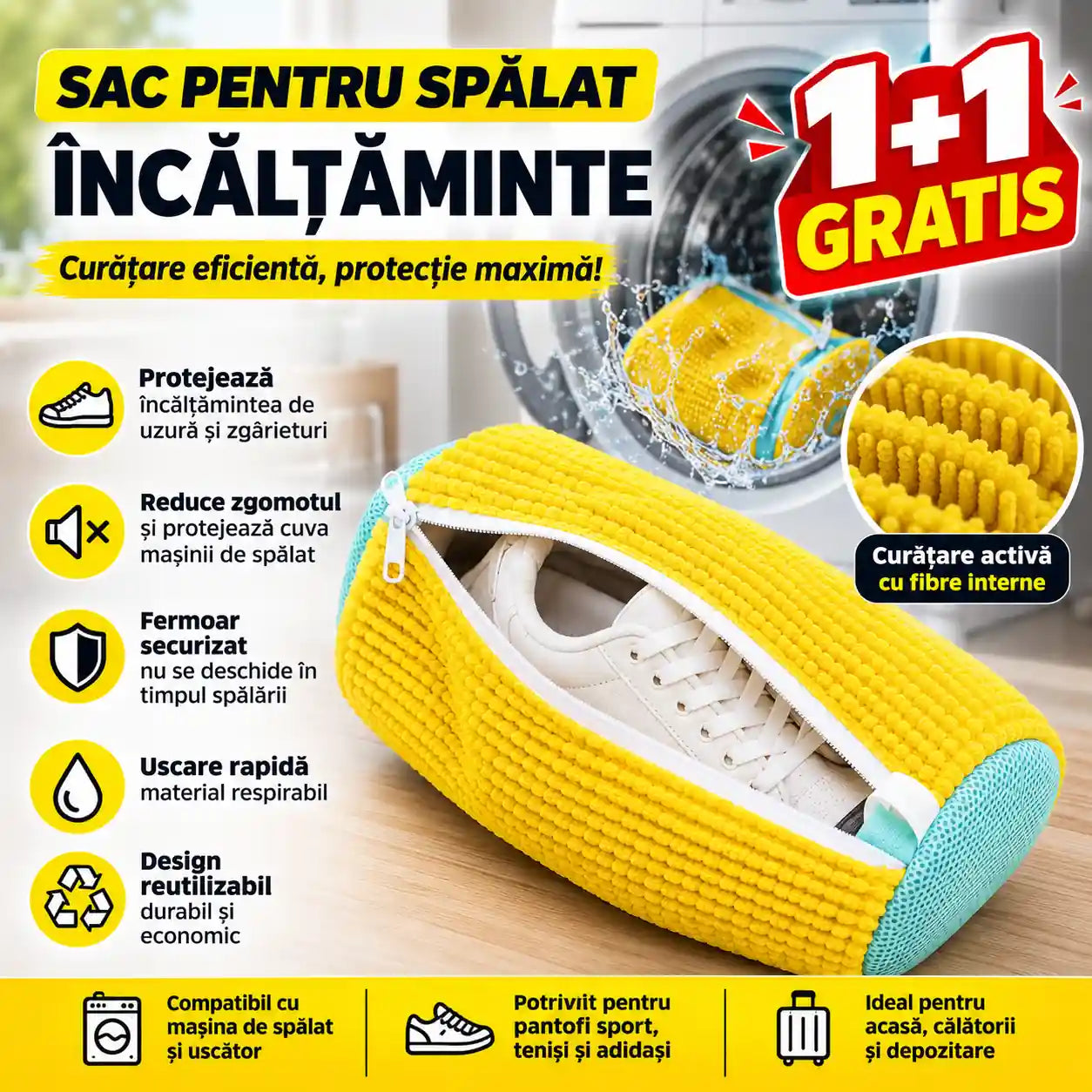 1+1 GRATIS! Curățare Sigură și Eficientă – Sac pentru Spălat Încălțăminte Reutilizabil