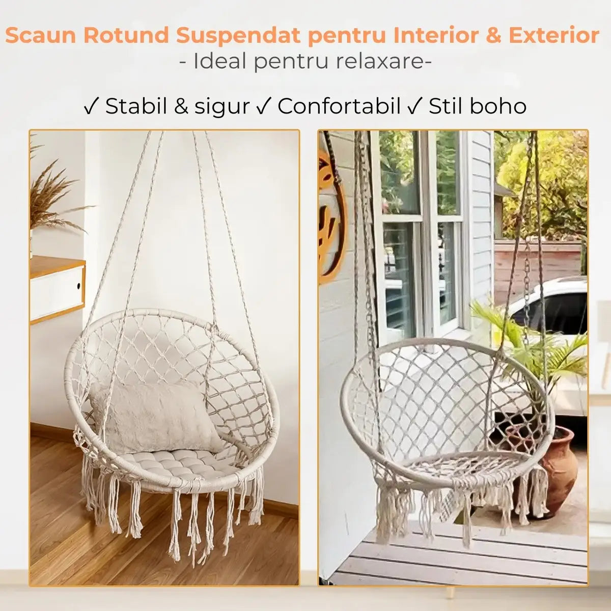 Scaun Rotund Suspendat pentru Interior și Exterior - Stabil și Confortabil